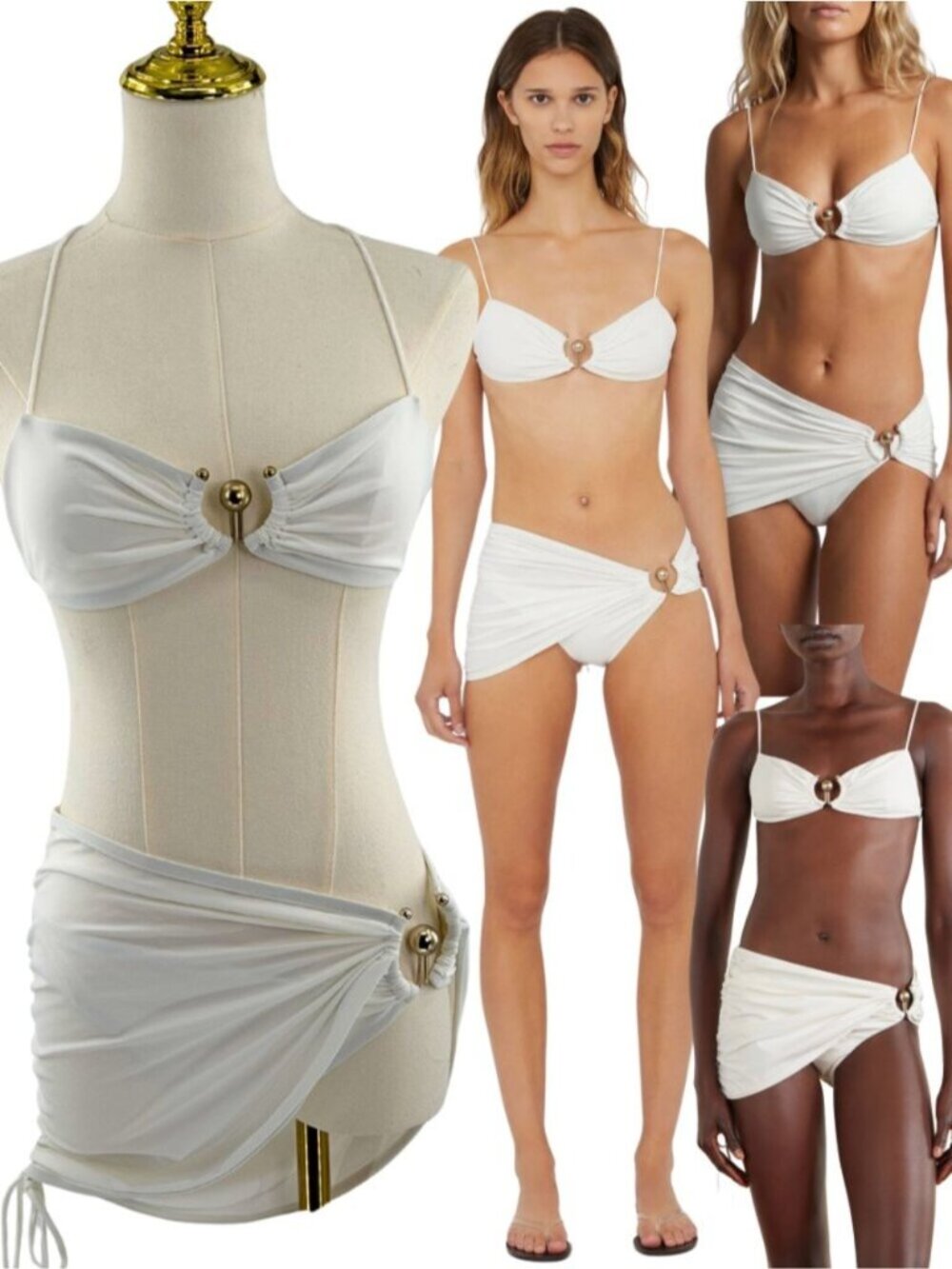 🆕 CHRISTOPHER ESBER 🧿 NWOT Ruched Orbit Bikini, Top&Skirt Brief, White - Sz 4